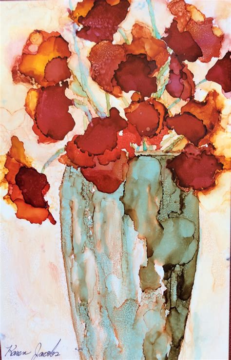 Karen Jacobs Artwork Red Flowers In Vase Original Painting Ink