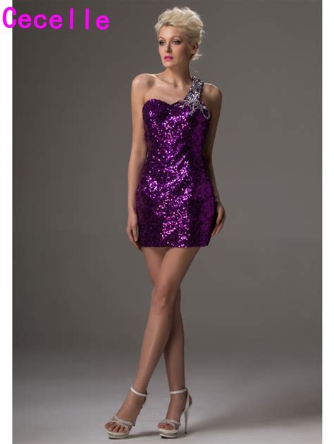 Sexy Open Back Purple Sequins Cocktail Dresses One Shoulder Beaded