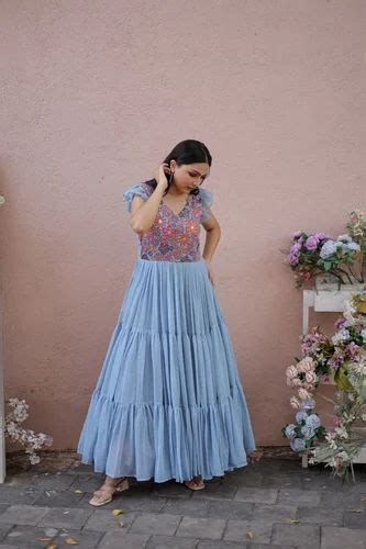 Embroidered Sky Blue Women Georgette Indo Western Gown Party Wear At