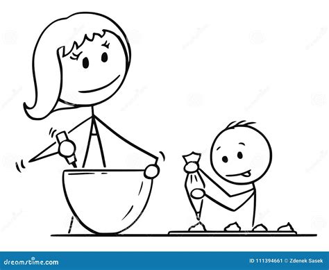 cartoon of mother and son cooking or baking together 111394661