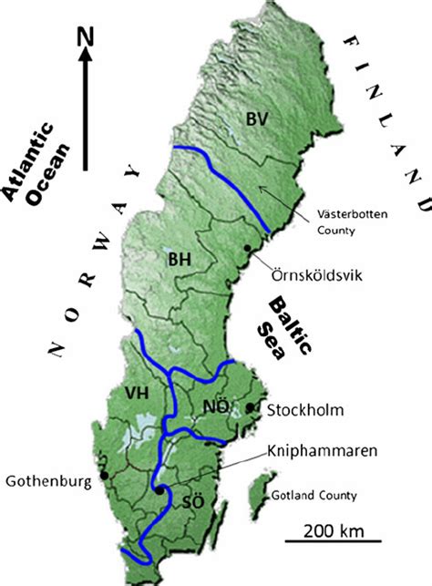 Map Of Sweden Showing The Natural Boundaries Of The Fi Ve Water