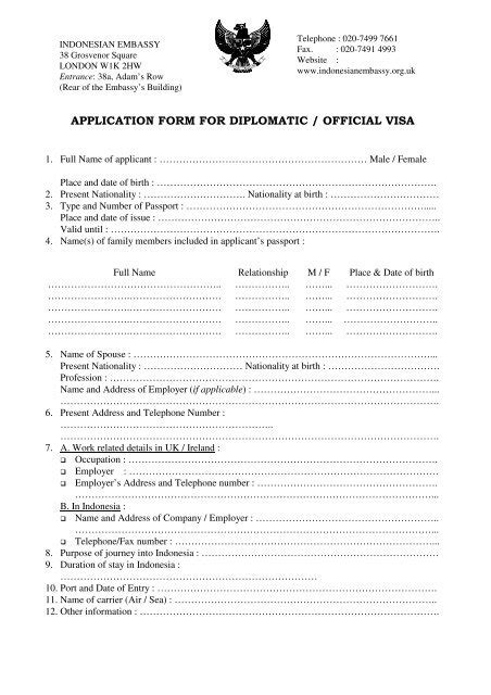 Application Form For Diplomatic Official Visa Indonesian Embassy In