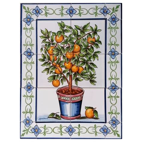 Azulejos Portuguese Hand Painted Tile Mural Lemon Tree Signed By