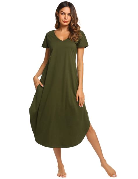 Ekouaer Nightgowns For Women V Neck Nightshirts Short Sleeve Soft Sleepwear Side Split Pockets