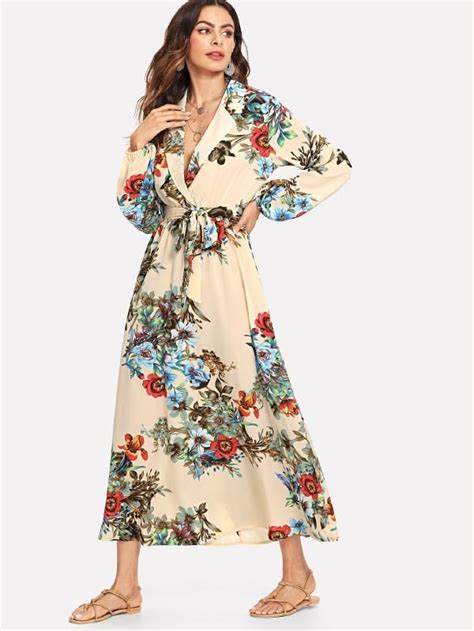 lantern sleeve surplice wrap floral dress shein sheinside dresses long maxi dress maxi