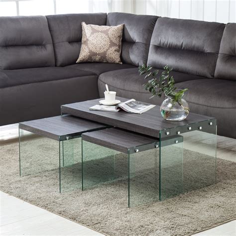 New Black Walnut 3 Piece Glass Side End Table Set Coffee Table Living Room