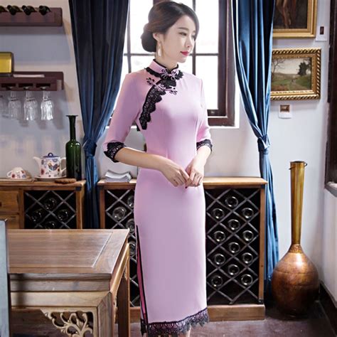 2018 Fashion Pink Cheongsam Sexy Qipao Long Traditional Chinese Dress