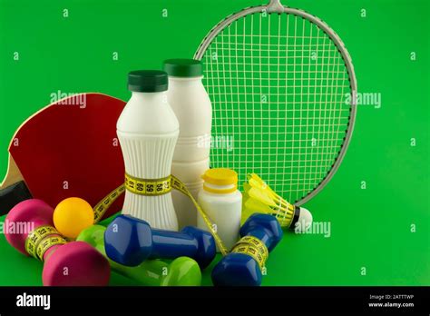 Table Tennis Badminton Sports And Healthy Nutrition Concept Still Life On Green Chromakey