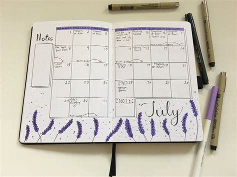 Bullet Journal 2019 July Lavender Themed July Calendar Bullet Journal