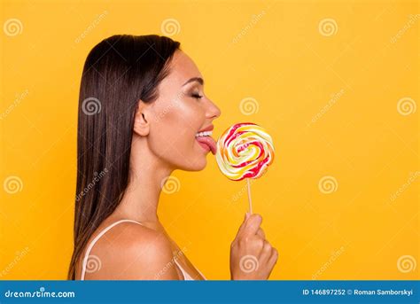 Close Up Side Profile Photo Beautiful She Her Lady Hungry Addicted Sweets Person Big Lolly Pop
