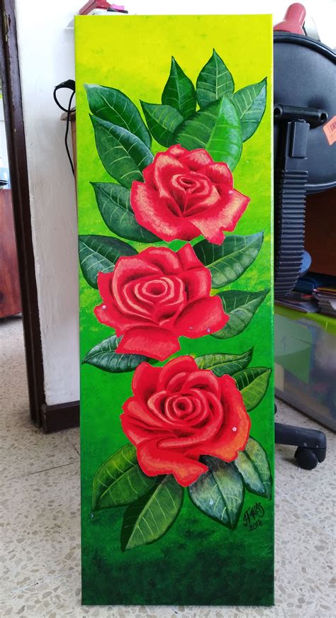 Pintura Rosas Rojas Hecha En Técnica Mixta Hecha Por El Artista