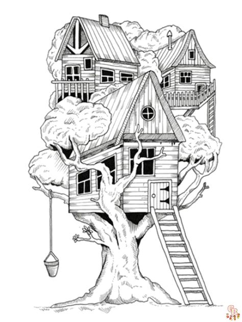 Проявіть творчість із дитячими розмальовками Будинок на дереві
