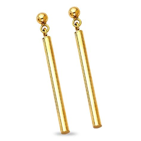 Solid K Yellow Gold Bar Dangle Earrings Round Posts Polished Fashion