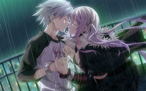 anime people kissing in the rain