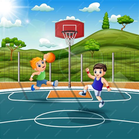 Niños De Dibujos Animados Jugando Baloncesto En La Cancha Vector Premium