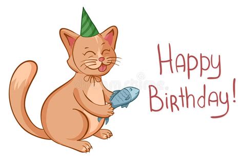 Happy Birthday Card With Cute Cartoon Cat In Hat Gives A Fish Vector