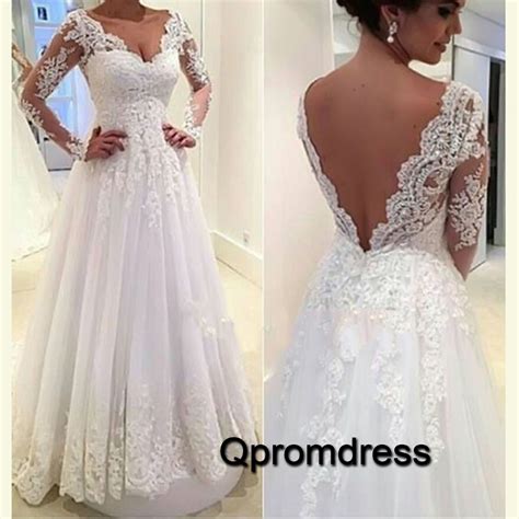 White Lace Long Sleeves Open Back Wedding Dress Prom Dress