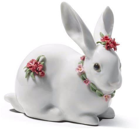 Bunny With Carnations Porcelain Sculpture Attentive Bunny Figurine