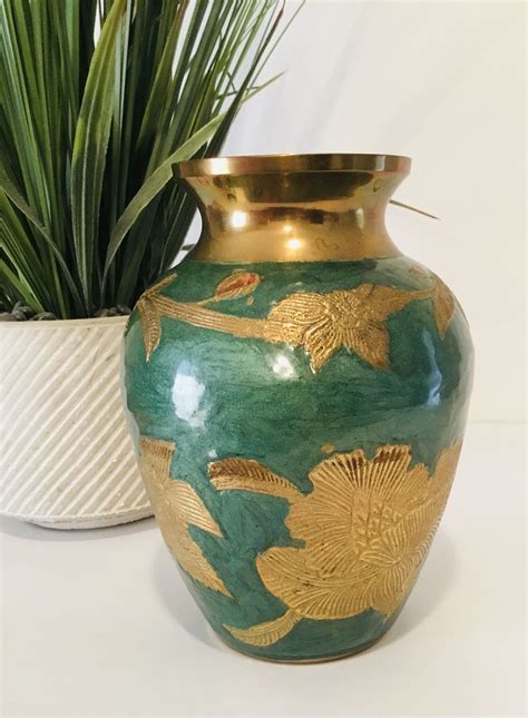Green Enamel Brass Vase ~ 7 Tall Cloisonné Vase Boho Brass Vintage