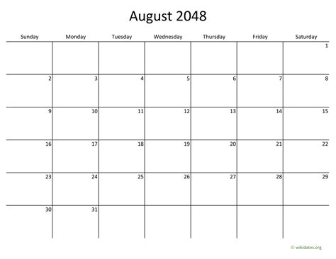 August 2048 Calendar With Bigger Boxes