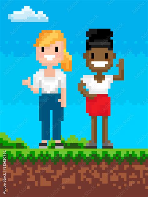 Pixelated Character Vector People Smiling Standing On Soil Pixel Art