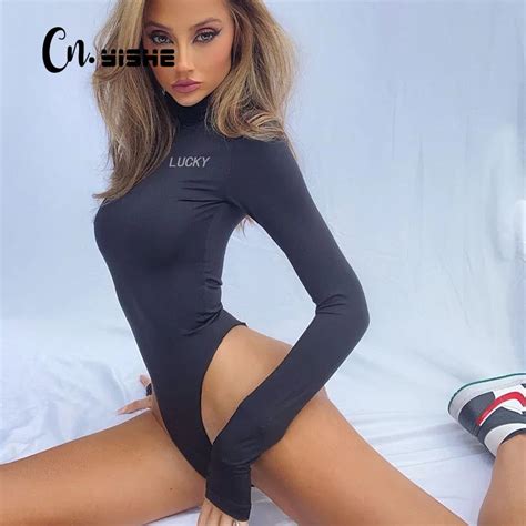 cnyishe fashion lucky letter print turtleneck bodysuits women jumpsuits winter overalls long