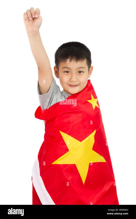Asian Chinese Child With China Flag In Isolated White Background Stock
