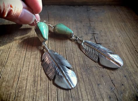 Reserved For E Navajo Earrings Silver Feather Turquoise Earrings