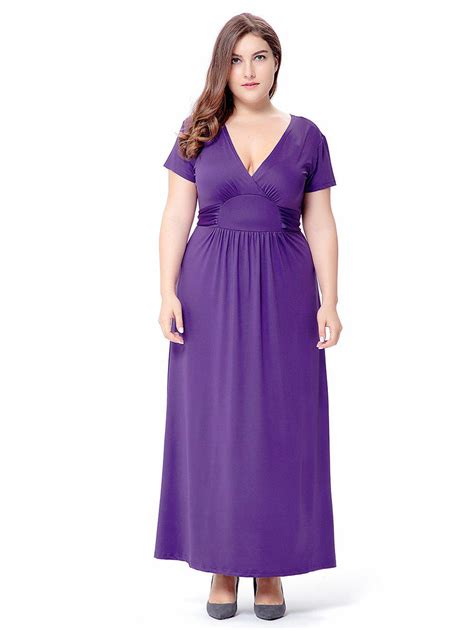Purple 2xl Empire Waist Short Sleeve Plus Size Maxi Formal Dress