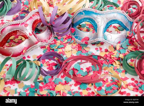Carnival Venetian Masks With Confetti And Serpentine Streamers Stock