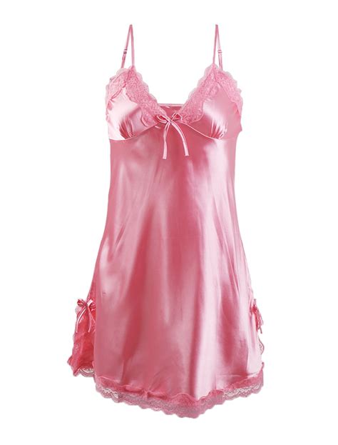 Women Sexy Satin Lace Trim Sleepwear Nightgown Pajama Slip Dress Pink
