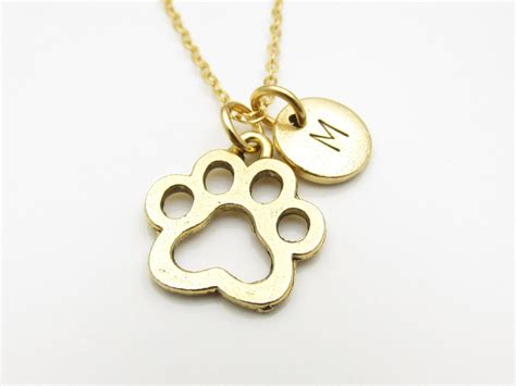 Dog Paw Print Necklace Gold Paw Print Charm Initial Etsy
