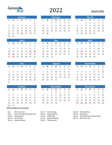 2022 Calendar Of Australia With Holidays Gambaran