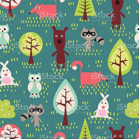 Cute Cartoon Forest Animals And Trees In Seamless Pattern Stock