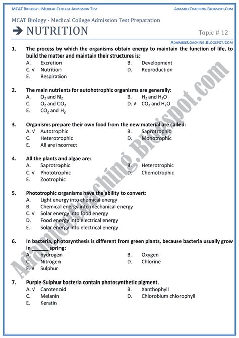 Adamjee Coaching Mcat Biology Nutrition Mcqs For Medical Entry Test