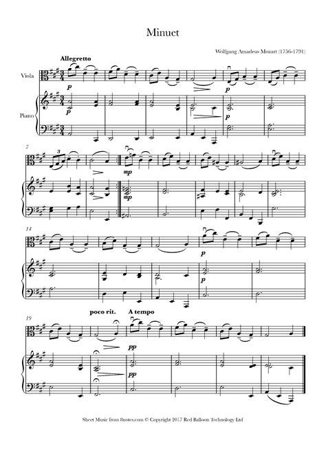 Mozart Wolfgang Amadeus Minuet Sheet Music For Viola