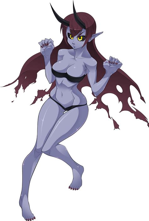 1girl Barefoot Black Panties Black Sclera Breasts Cleavage Concept Art Demon Girl Demon Horns