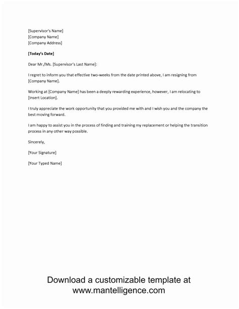 30 Resignation Letter 2 Week Notice Example Document Template Two