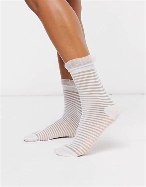 Gipsy Sheer Mesh Frill Ankle Socks In White Asos