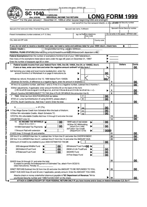 Form Sc 1040 Individual Income Tax Return 1999 South Carolina