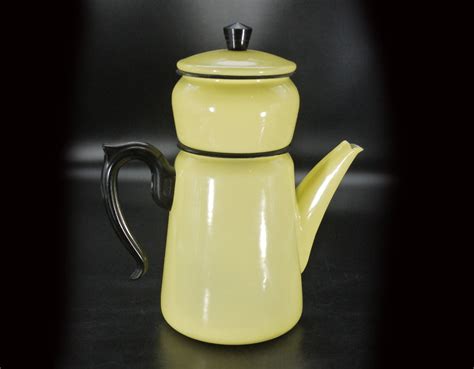 Vintage French Enamel Yellow Coffee Pot Biggin Etsy