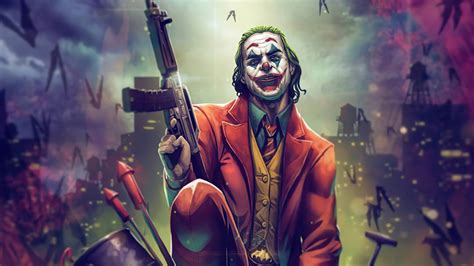 Joker With Gun Up Colorful Background 4k Hd Joker Wallpapers Hd