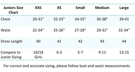 Juniors Dress Size Chart