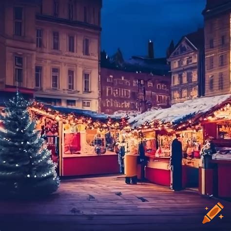 Festive Christmas Market With Booths And A Tree On Craiyon