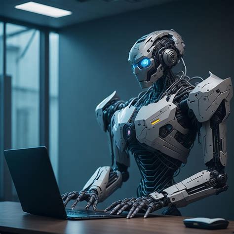 Premium Ai Image Humanoid Robot Working With Laptop Computer In