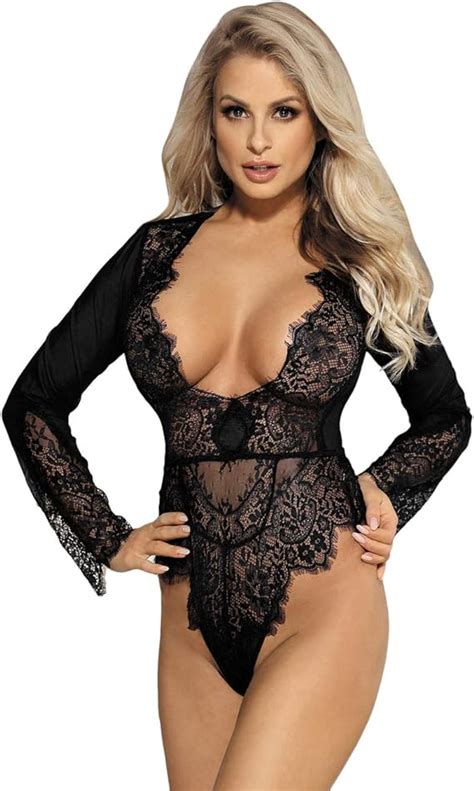 Ohyeahlady Women Sheer Lace Bodysuit Long Sleeve Plus Size Leotard Body Top Plunge V Neck Teddy