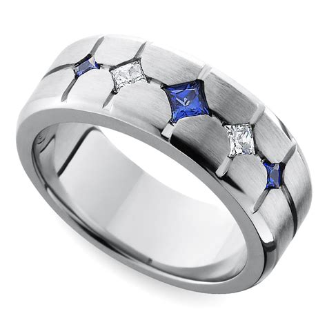 Cross Cut Satin Sapphire And Diamond Mens Wedding Ring In Cobalt