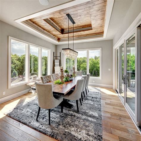 Dining Room With Wood Tray Ceiling Bright And Airy Wood Floors And