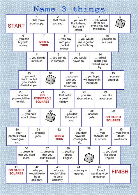 Board Game Name 3 Things English Esl Worksheets Grammar Games