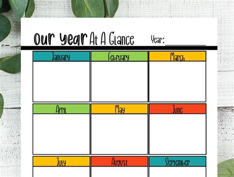 Year At A Glance Calendar Printable Printable Calendar Etsy